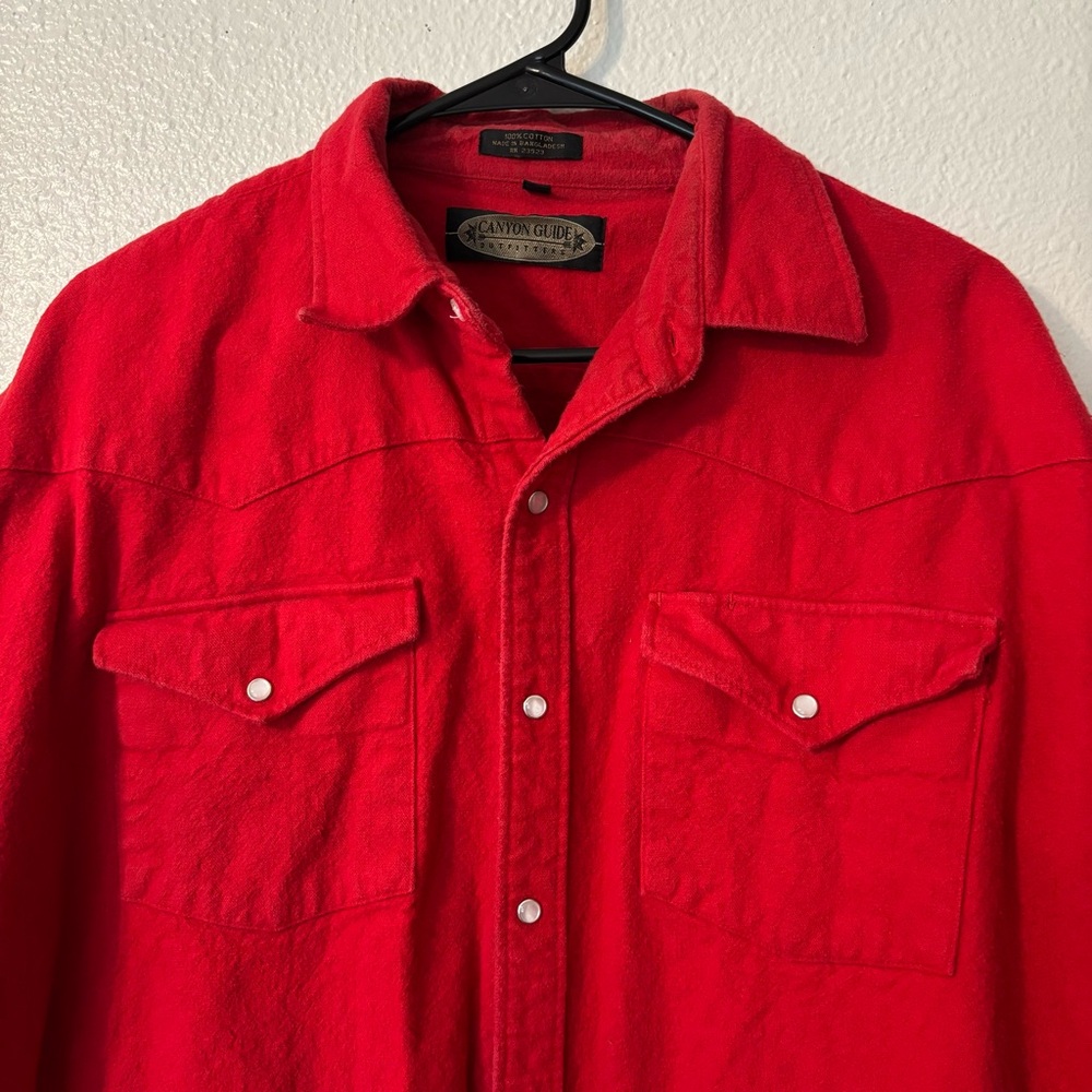 Red Men's Heavyweight Pearl Snap Button Shirt- Vintage